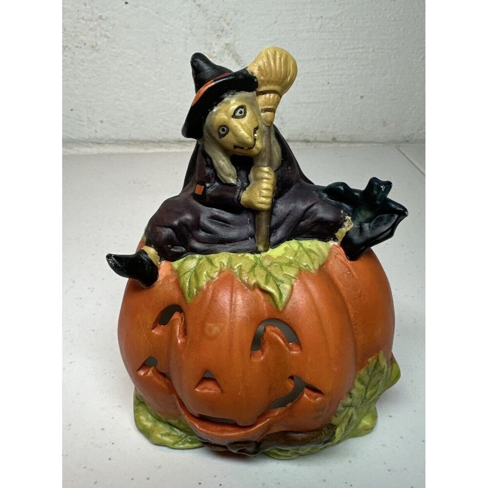 Vintage Ceramic Halloween Pumpkin With Witch Decor Candle Holder
